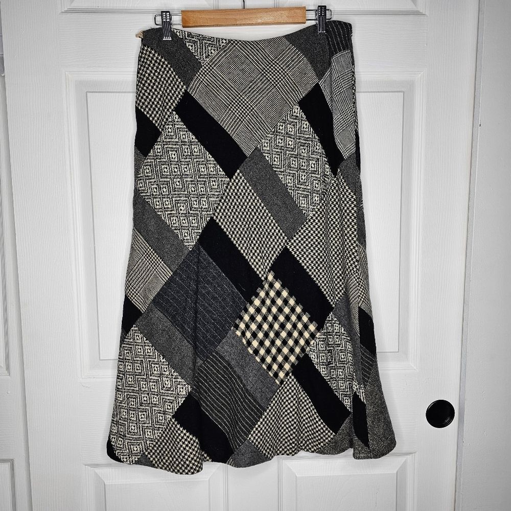 Vintage ILGWU Patchwork Black Cream Wool Midi Skirt Lined Size Zip Size 8 Modern